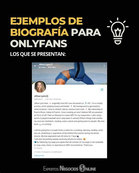 frases biografa para onlyfans ejemplos|10 ideias de biografia do OnlyFans para mais assinantes (com。